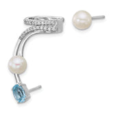 Sterling Silver Rhodium-plated CZ, White Freshwater Cultured Pearl and .58ct Oval Blue Topaz Post and Cuff Asymmetric Earrings